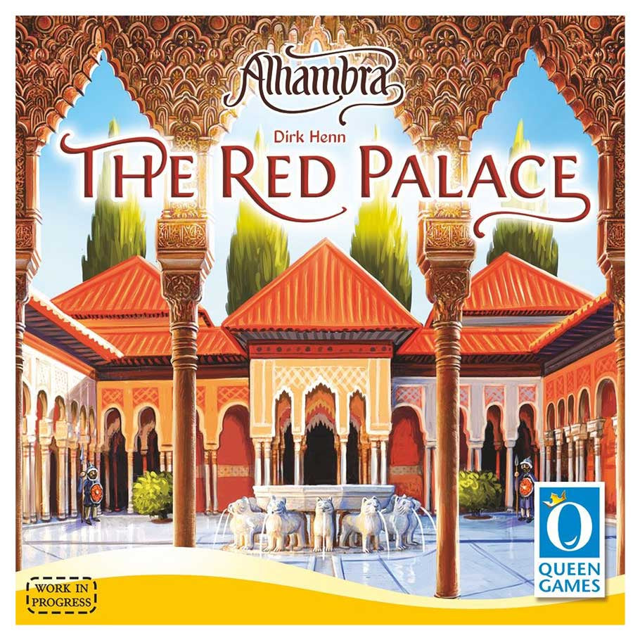 Alhambra: The Red Palace - Alhambra board game box with intricate red palace arches and courtyard fountain illustration under blue sky.