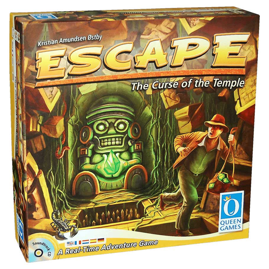 Escape: Curse of the Temple - Curse of the Temple board game box featuring a jungle temple entrance with a glowing green idol and an explorer holding a.