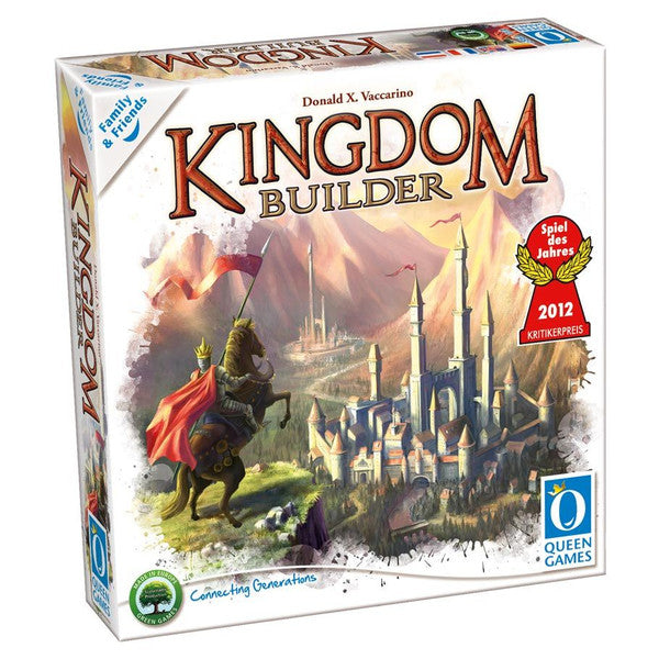 Kingdom Builder Family & Friends Compact Edition (PREORDER) - Kingdom Builder board game box with fantasy castle artwork, knight on horseback, and red banner on white background.