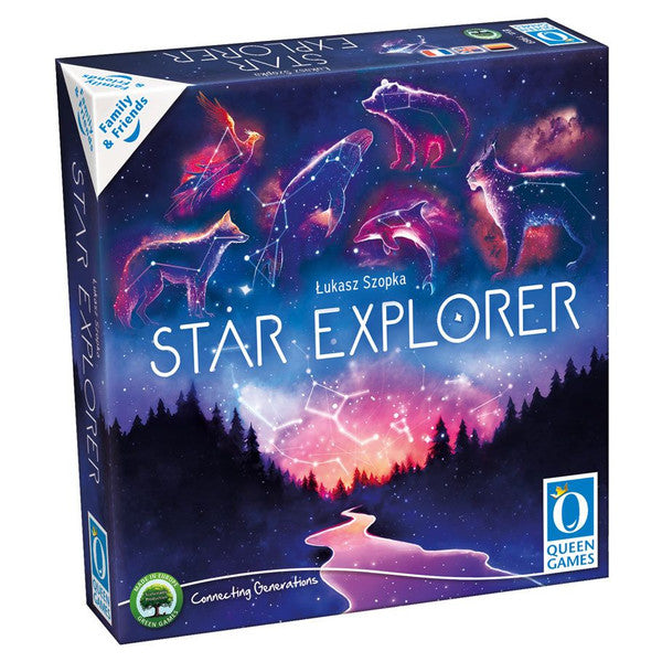 Star Explorer Family & Friends Compact Edition - Compact board game box with a cosmic night sky featuring glowing animal constellations above a forest silhouette and winding