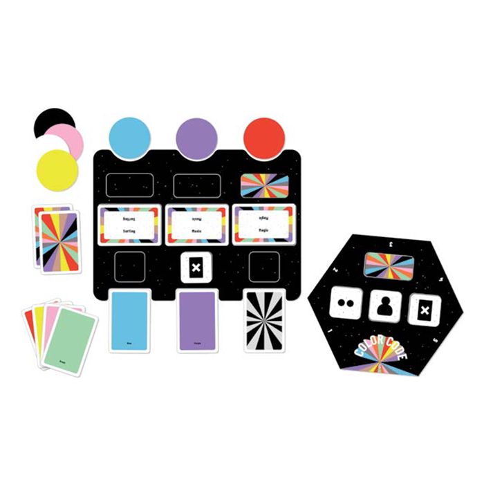 Color Code - Color Code party game set with colorful cards, a black hexagonal spinner board, and round color-coded tokens.