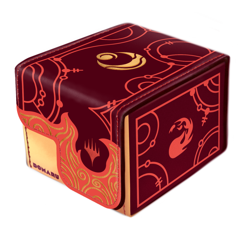 Domaru Deck Box: Magic the Gathering: Lorwyn Eclipsed - Cinder Red - Red and orange rectangular deck box with flame and magic symbols, intricate patterns on sides.