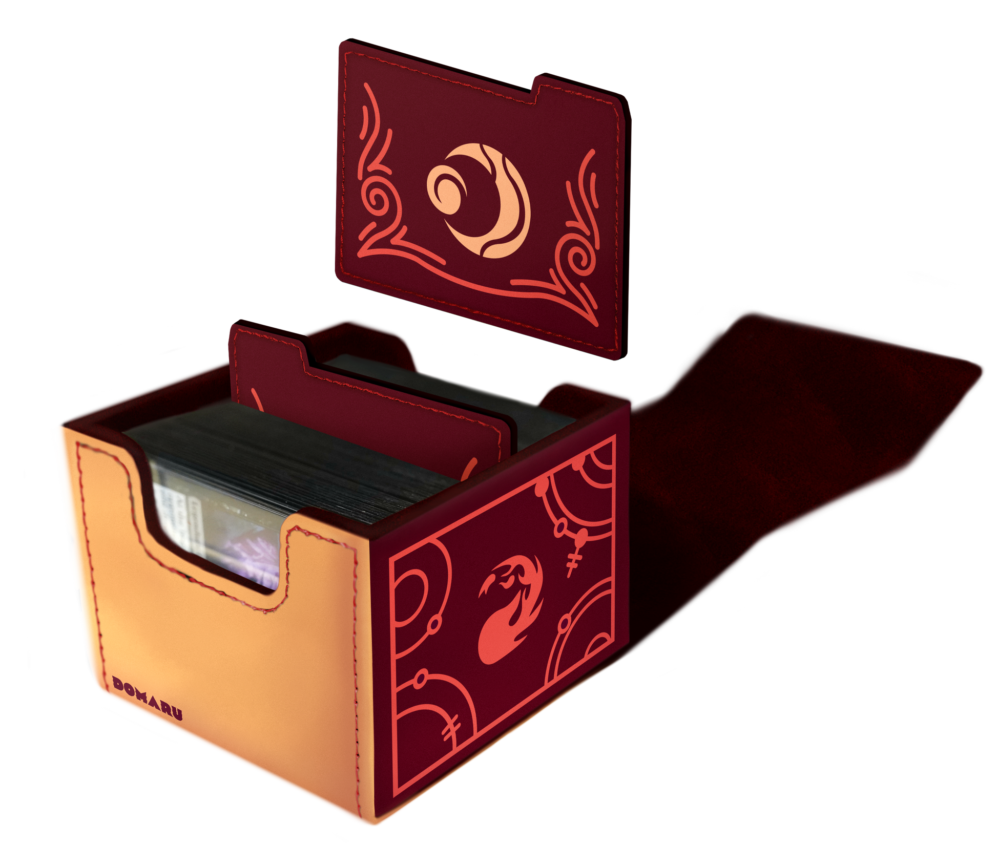 Domaru Deck Box: Magic the Gathering: Lorwyn Eclipsed - Cinder Red - Rectangular card deck box in orange and cinder red with fantasy-themed gold and red designs, open lid showing stored cards.