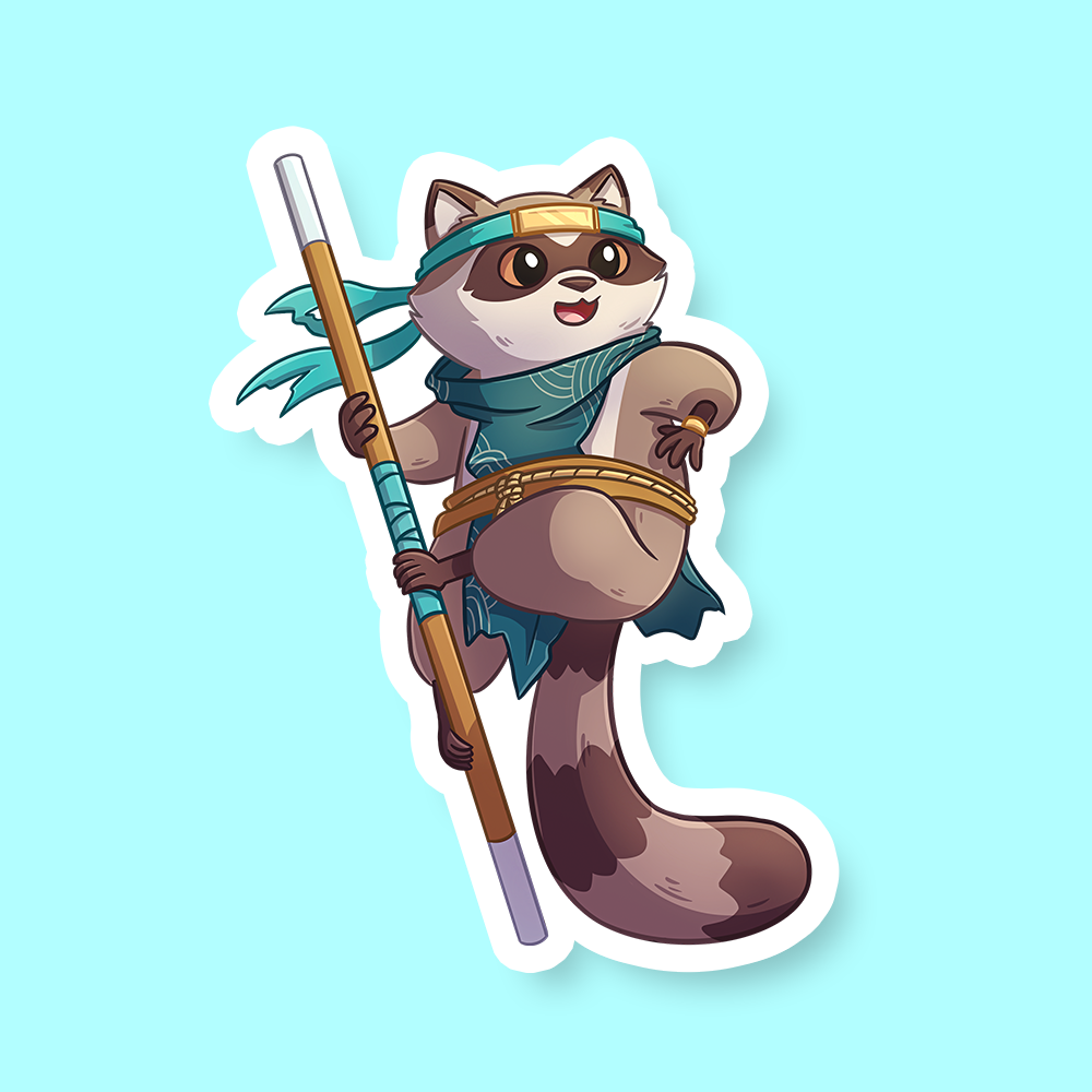 Monk Class D&D Raccoon Sticker - Cute raccoon dressed as a monk with teal robe and wooden staff sticker on light blue background.