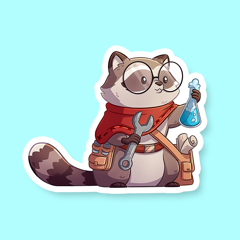 Artificer Class D&D Raccoon Sticker - Chubby raccoon cartoon wearing glasses and red cloak, holding wrench and blue potion bottle sticker.