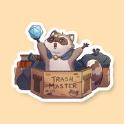 Dungeon Master D&D Raccoon Sticker - Charming raccoon holding blue 20-sided die, wearing a gold necklace, sitting in labeled "Trash Master" cardboard box.