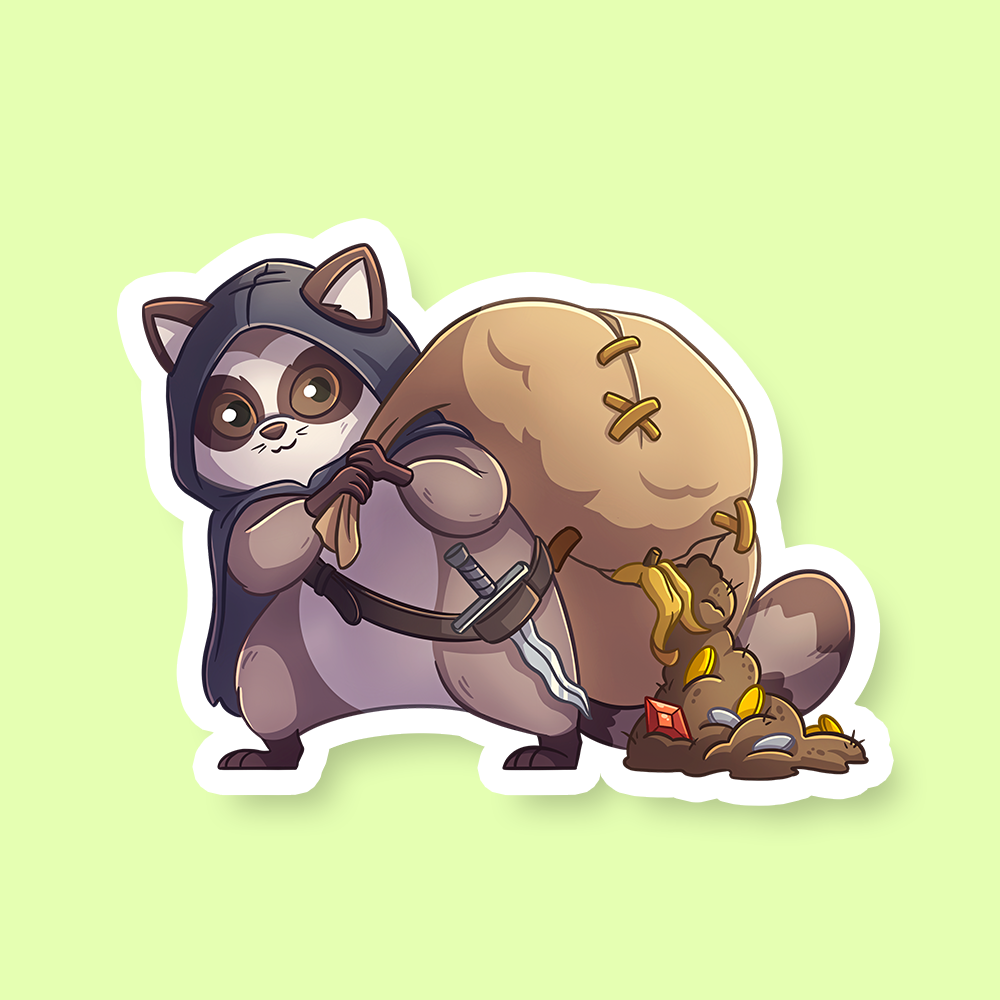 Rogue Class D&D Raccoon Sticker - Cartoon raccoon wearing a black hood and mask, holding a large brown sack spilling gold coins and gems, sticker with white.