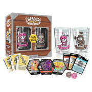 Heroes of Barcadia: Party Pack Expansion - Heroes of Barcadia Party Pack Expansion box with two illustrated drinking glasses, character cards, hexagonal game tiles,.