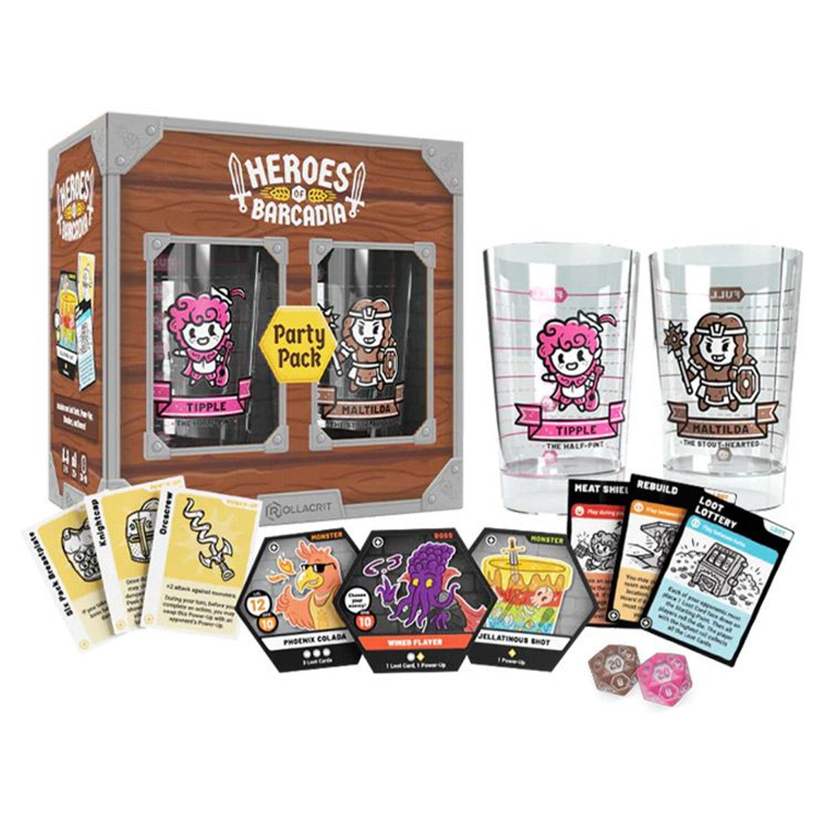 Heroes of Barcadia: Party Pack Expansion - Heroes of Barcadia Party Pack Expansion box with two illustrated drinking glasses, character cards, hexagonal game tiles,.