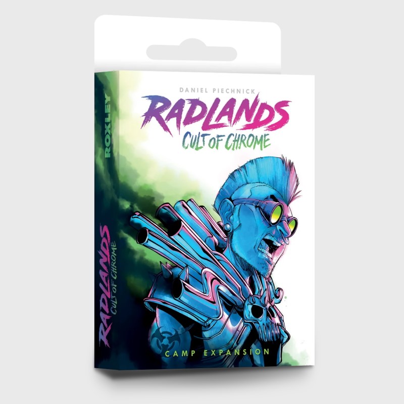 Radlands: Cult of the Chrome Expansion - Radlands Cult of the Chrome expansion box with vibrant blue futuristic character and neon purple title text on white.