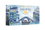 Railroad Tiles: Canals Expansion - Railroad Tiles Canals Expansion board game box with illustrated cityscape and gondola boat on water in blue and gray tones.