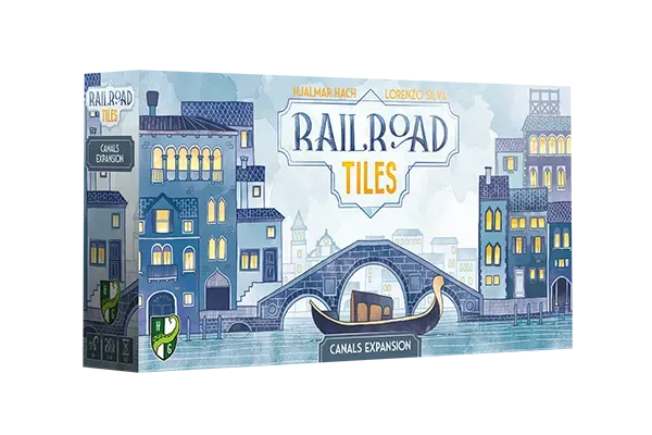 Railroad Tiles: Canals Expansion - Railroad Tiles Canals Expansion board game box with illustrated cityscape and gondola boat on water in blue and gray tones.