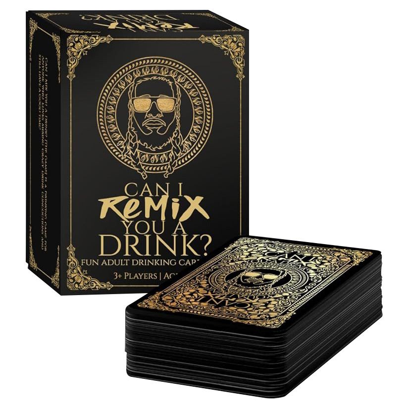 Can I Remix You a Drink? - Black and gold card game box with matching black cards featuring ornate gold drink-themed designs and bold lettering.