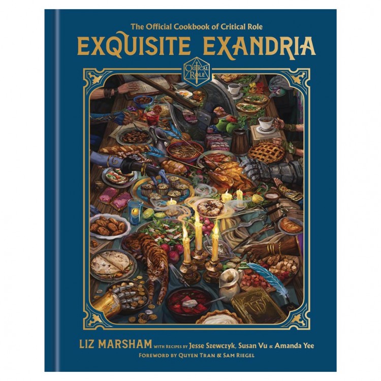 Exquisite Exandria: Official Critical Role Cookbook - Blue hardcover cookbook titled Exquisite Exandria with intricate gold border and a detailed fantasy feast illustration on.