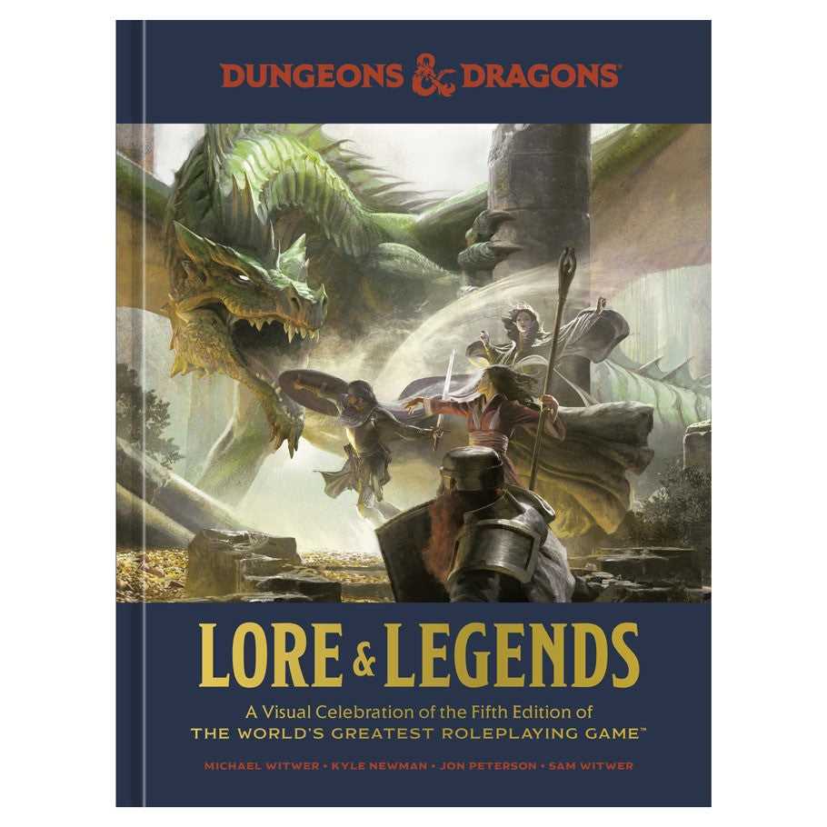 D&D: Lore & Legends - Hardcover book with dark blue cover featuring detailed fantasy artwork of armored heroes and a dragon, titled "Lore &.