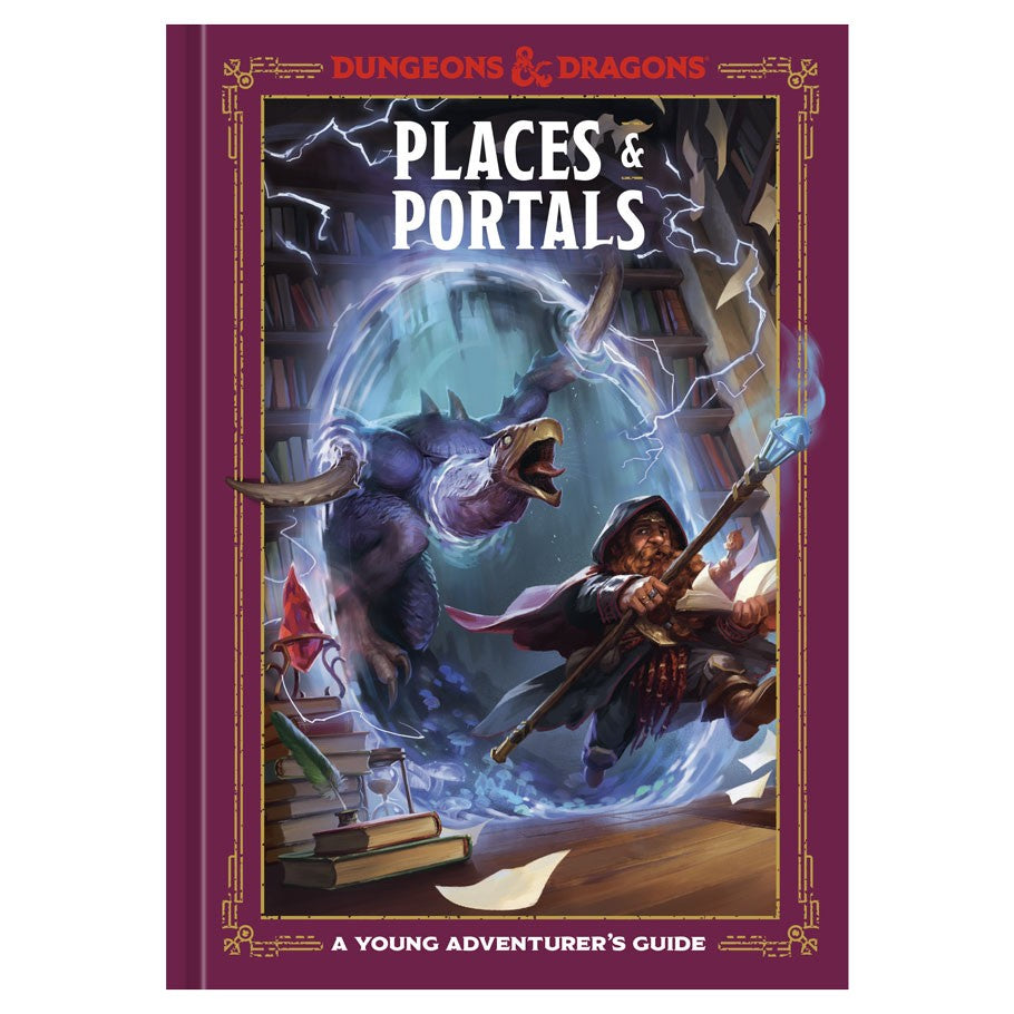 D&D: Places & Portals - Dungeons & Dragons Places & Portals book with purple border, featuring wizard and creature battling through magical portal.
