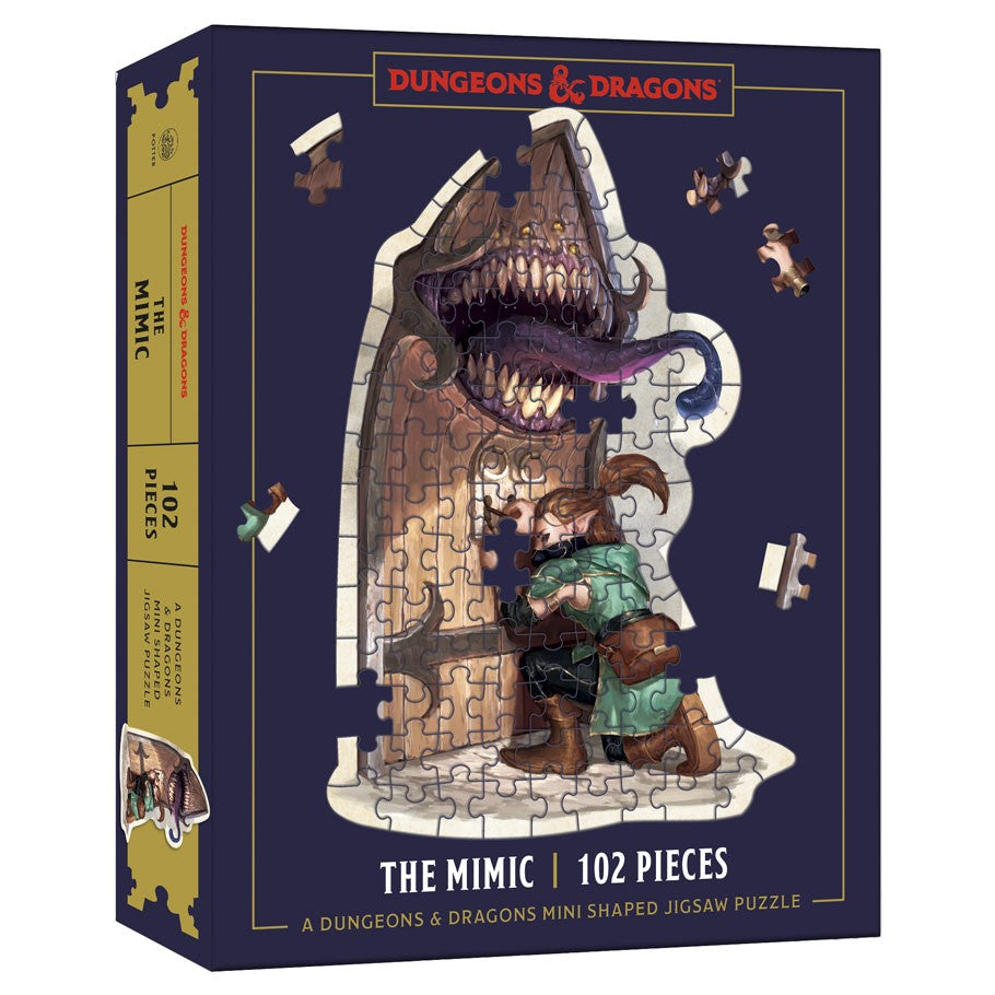 D&D Mini Mimic 102 Piece Puzzle - Dungeons & Dragons puzzle box featuring a 102-piece assembled puzzle of a stone mimic with a large open mouth and a warrior.