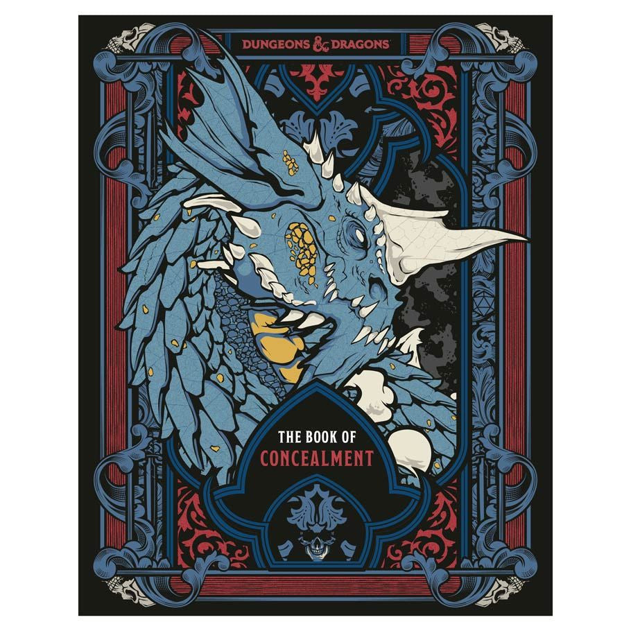 D&D: The Book of Concealment - Dark blue and red ornate book cover featuring a detailed blue dragon head with white horns and yellow eyes, titled "The Book