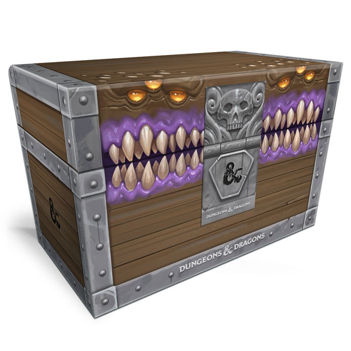 D&D: Mimic Treasure Chest Notebook Set - Brown wooden treasure chest notebook with a monstrous mimic face and silver metal edges and lock.
