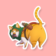 Ranger Class D&D Cat Sticker - Orange and white cat wearing a green hooded cloak with a quiver and arrows on its back, shown from behind with tail raised.