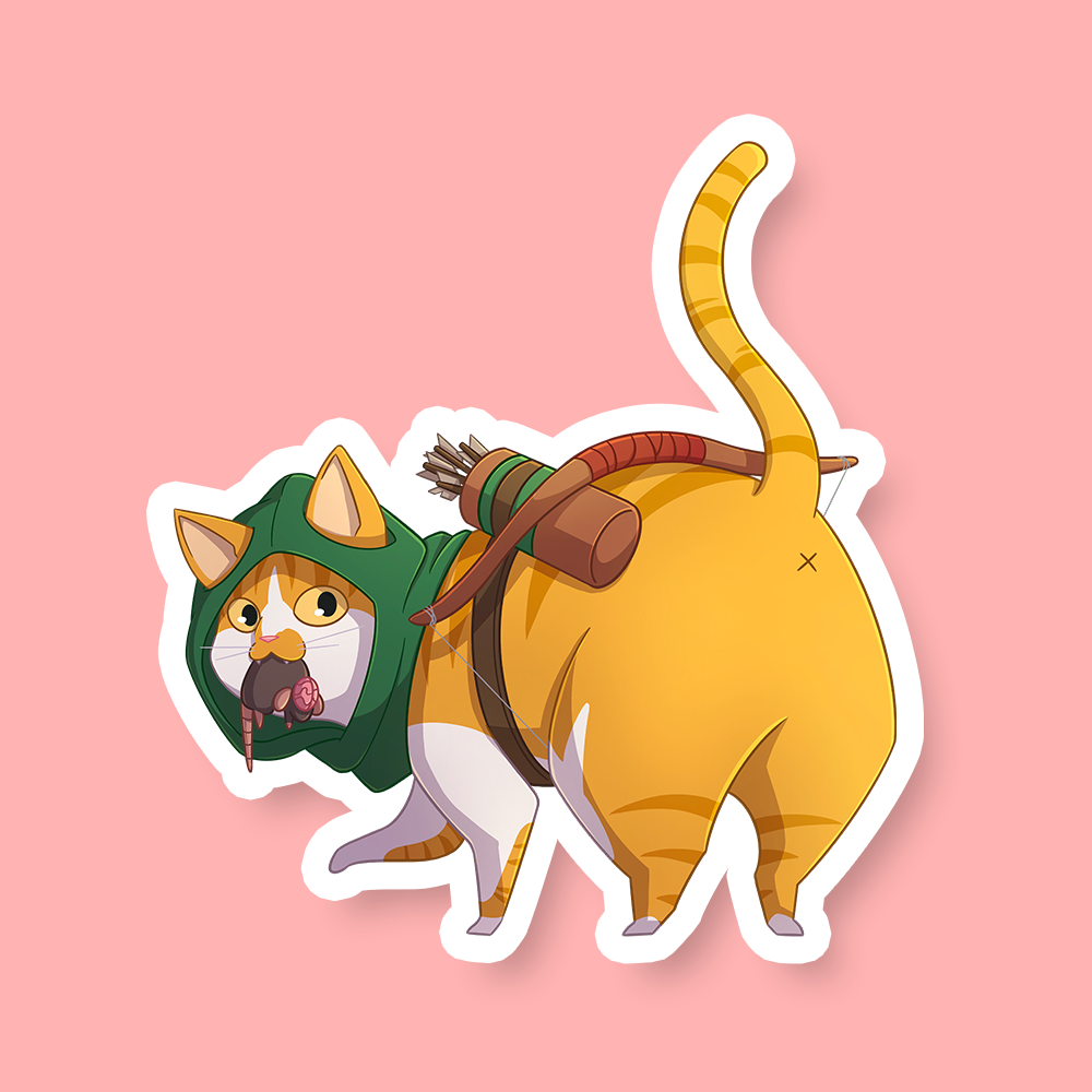 Ranger Class D&D Cat Sticker - Orange and white cat wearing a green hooded cloak with a quiver and arrows on its back, shown from behind with tail raised.
