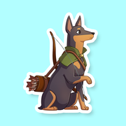 Ranger Class D&D Dog Sticker - Illustration of a sleek Doberman wearing a green ranger cloak and carrying a quiver of arrows on its back, shown as a.
