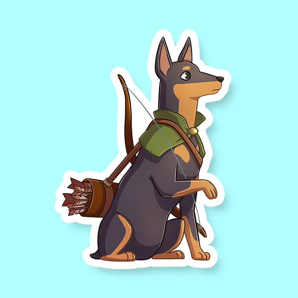 Ranger Class D&D Dog Sticker - Illustration of a sleek Doberman wearing a green ranger cloak and carrying a quiver of arrows on its back, shown as a.
