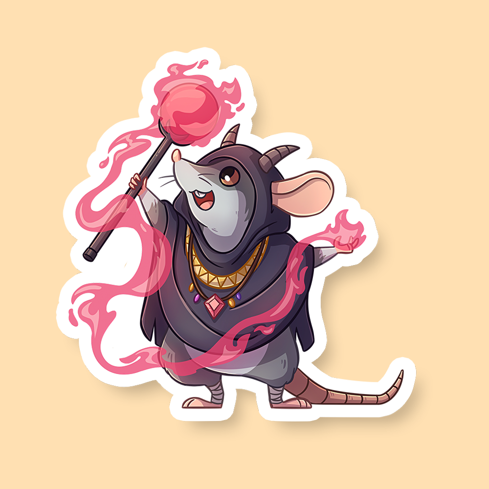 Warlock Class D&D Rat Sticker - Cartoon rat wearing a dark hooded robe and gold necklace, holding a glowing pink magical staff with swirling energy.