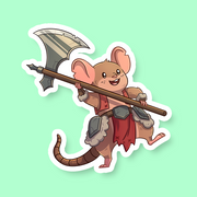 Barbarian Class D&D Rat Sticker - Cartoon rat wielding a large battle axe, wearing barbarian armor and red cloth, die-cut vinyl sticker.