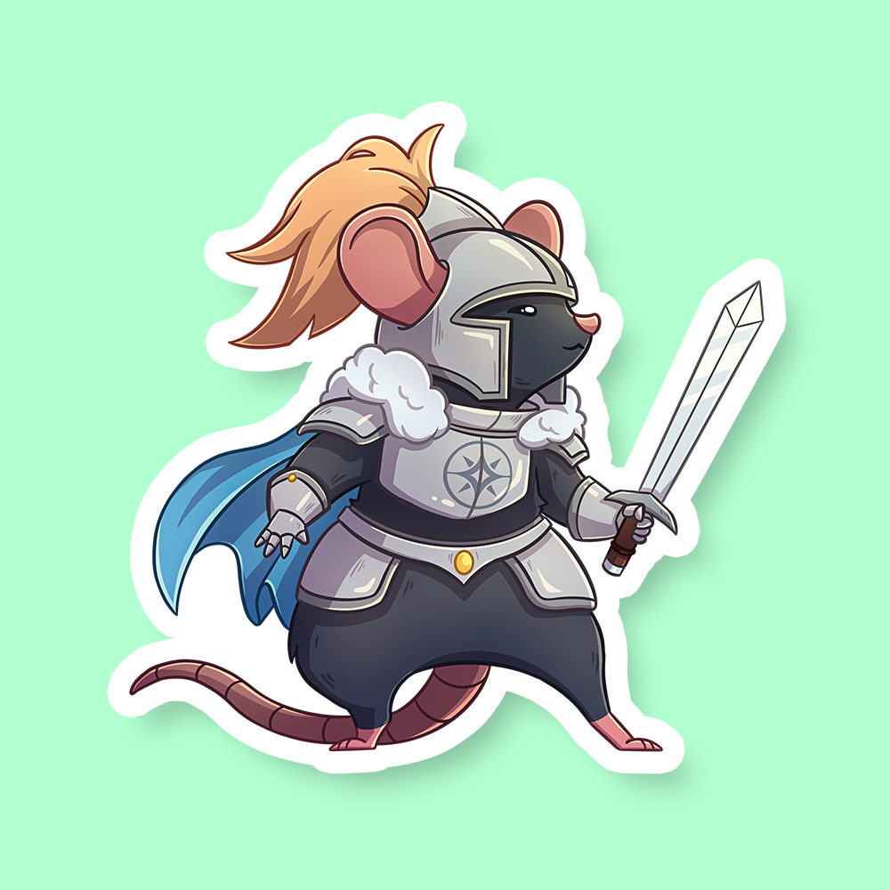 Paladin Class D&D Rat Sticker - Cartoon rat in silver paladin armor with blue cape and plume, holding a sword, sticker design.