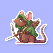 Ranger Class D&D Rat Sticker - Cartoon rat dressed as a ranger with green hooded cloak, holding bow and quiver of arrows, die-cut sticker.
