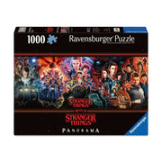 Puzzle: Stranger Things 1000 Piece Panoramic - Stranger Things 1000-piece puzzle box featuring colorful panoramic collage of characters and scenes from the series.