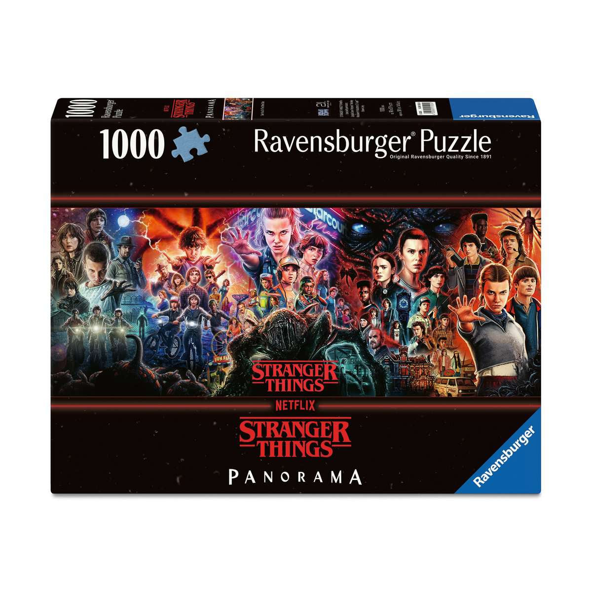 Puzzle: Stranger Things 1000 Piece Panoramic - Stranger Things 1000-piece puzzle box featuring colorful panoramic collage of characters and scenes from the series.