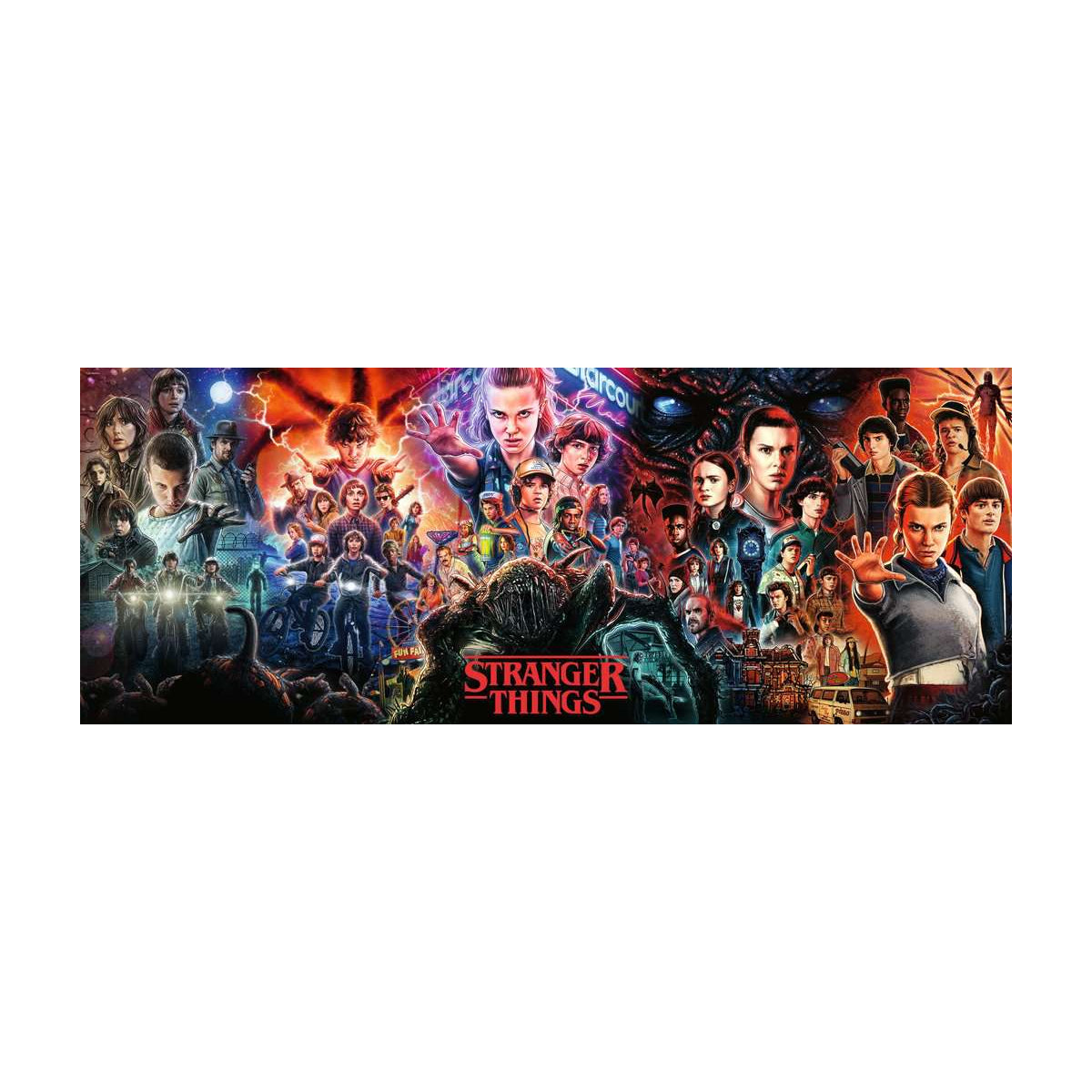 Puzzle: Stranger Things 1000 Piece Panoramic - Panoramic 1000-piece Stranger Things puzzle featuring characters and scenes in vivid red, orange, and blue tones with the.
