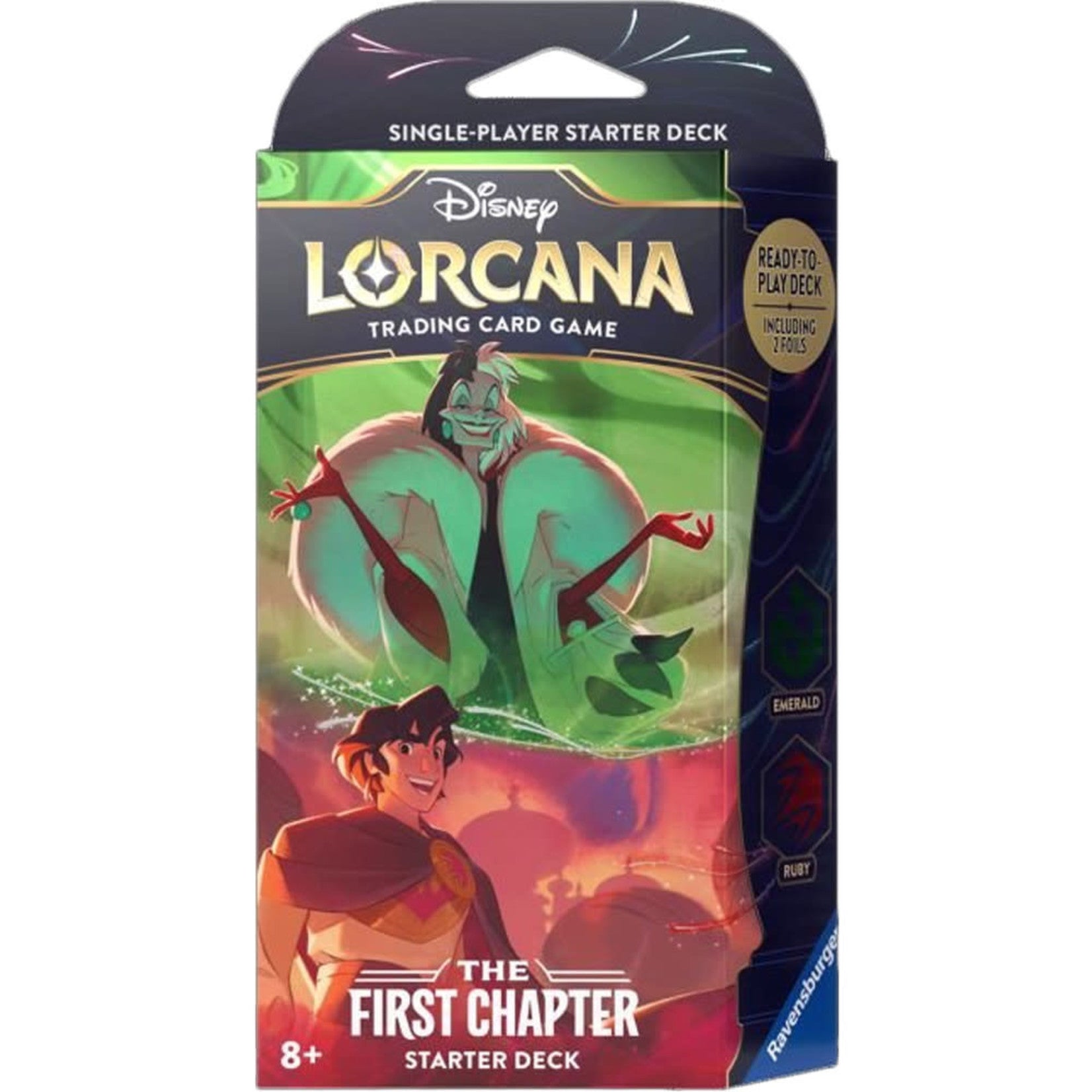 Lorcana Trading Card Game: The First Chapter Starter Deck - Emerald & Ruby - Lorcana trading card game starter deck box featuring vibrant green and red fantasy artwork with a character and magical.