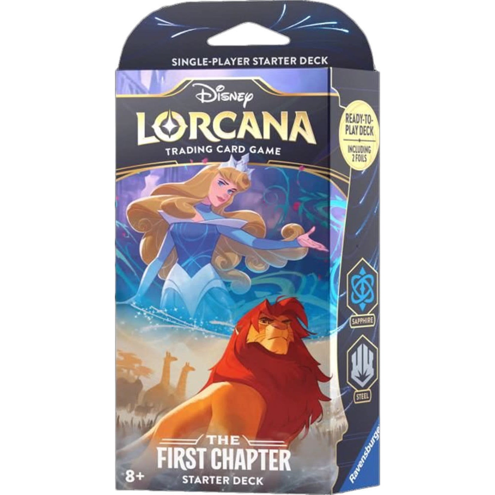 Lorcana Trading Card Game: The First Chapter Starter Deck - Sapphire & Steel - Lorcana Starter Deck box with blue and purple tones, featuring animated characters Copper and Steel, labeled "The First.