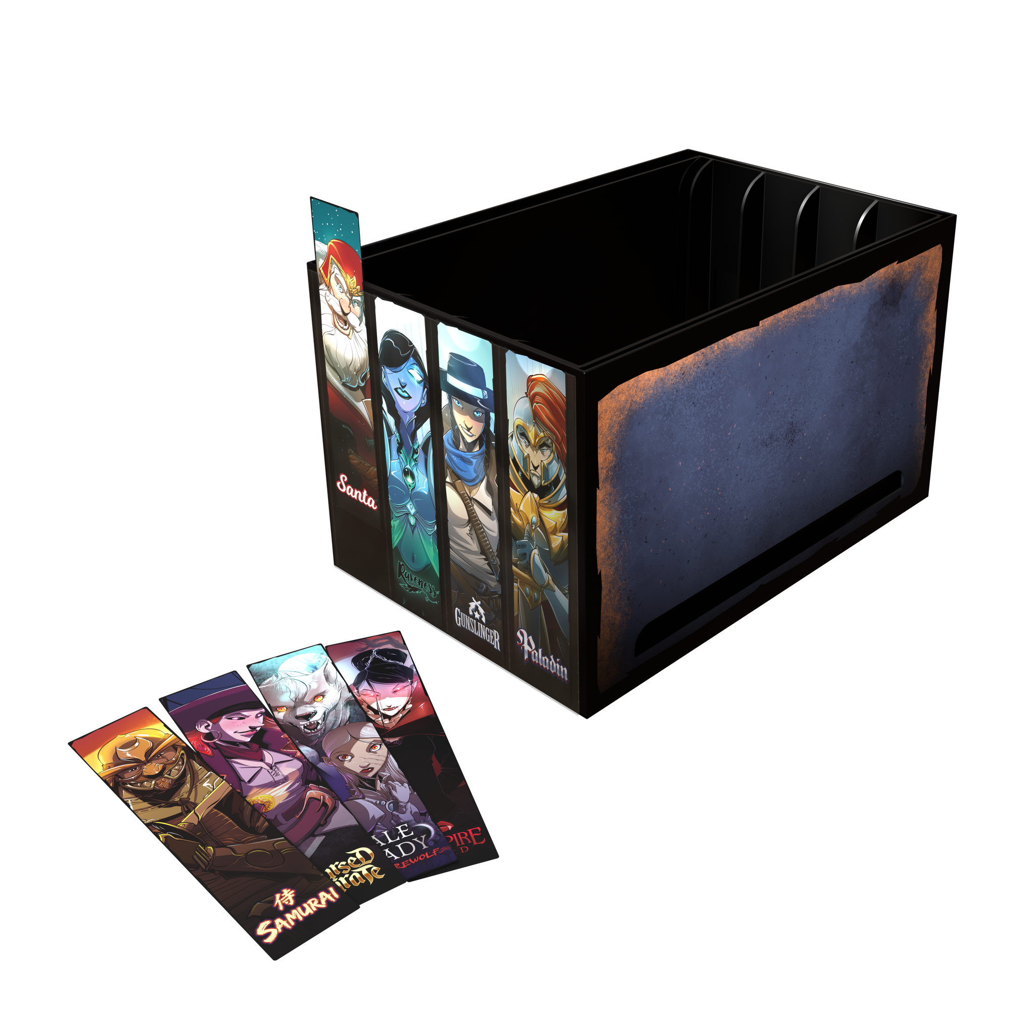 Dice Throne: Generic Empty Strongbox (PREORDER) - Black rectangular game box with character artwork on the side panels and four colorful character cards fanned out next to it.