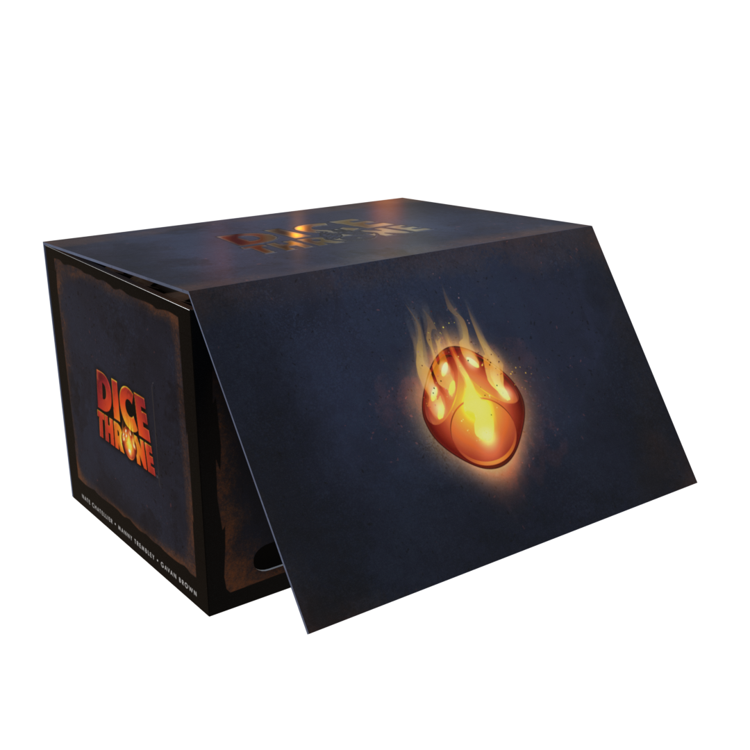 Dice Throne: Generic Empty Strongbox (PREORDER) - Black rectangular strongbox with fiery flame emblem on the hinged front flap and Dice Throne logo on the side panel.