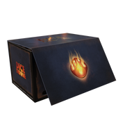 Dice Throne: Generic Empty Strongbox (PREORDER) - Black rectangular strongbox with fiery flame emblem on the hinged front flap and Dice Throne logo on the side panel.