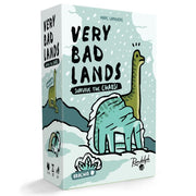 Very Bad Lands: Brachio - Compact rectangular box with pale teal and white background, featuring a green cartoon brachiosaurus and bold black text.