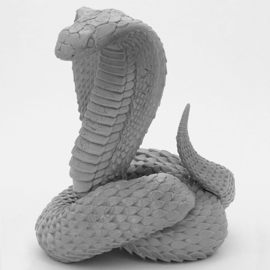 Bones Black: King Cobra Deluxe Boxed Set - Gray resin miniature sculpture of a coiled king cobra with raised, flared hood and detailed scales.