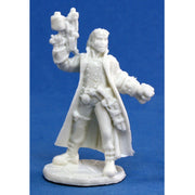 Andre Durand, Time Chaser - Unpainted white fantasy miniature of a figure in a long coat holding a futuristic gun and wearing boots.
