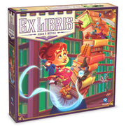 Ex Libris 2nd Edition - Square board game box with colorful fantasy art of a young woman summoning a flying book and scrolls in a magical library.