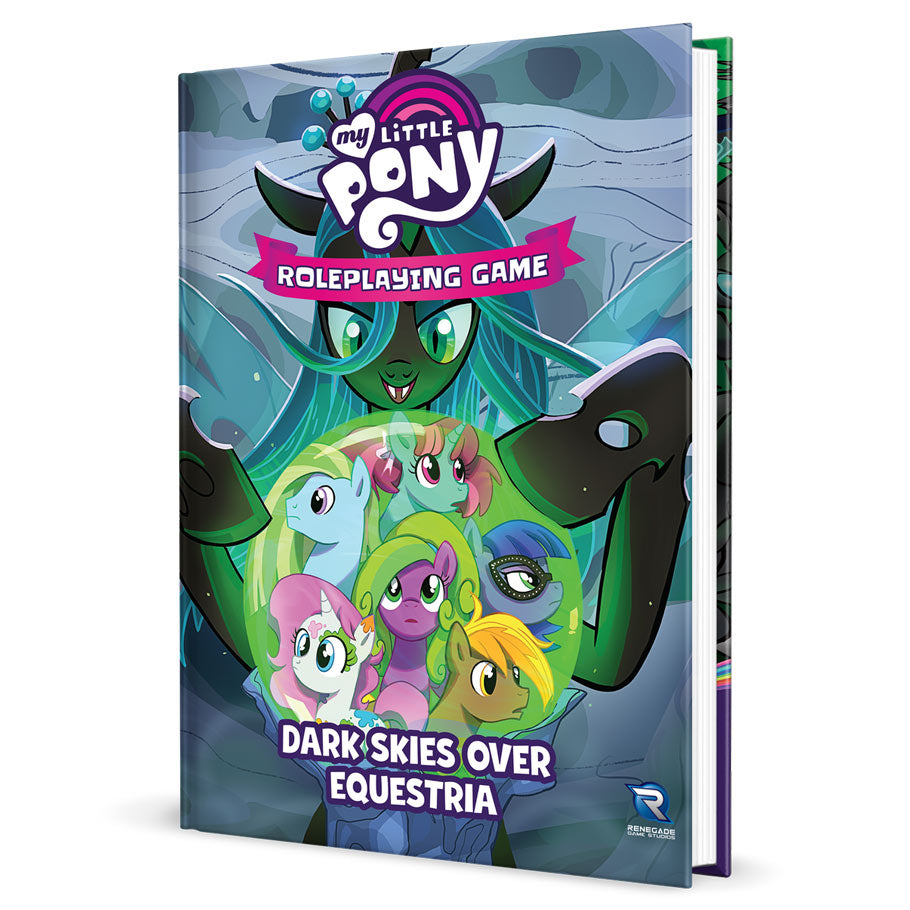 My Little Pony Roleplaying Game: Dark Skies Over Equestria Adventure Series Book - Hardcover book with vibrant cover art featuring colorful My Little Pony characters and a large green villain figure, titled.