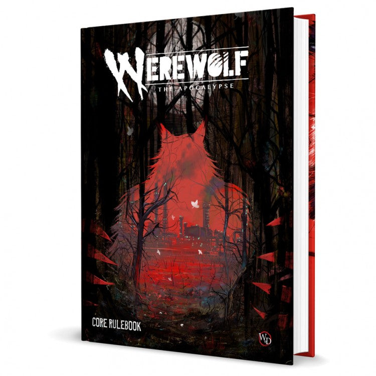 Werewolf The Apocalypse: Werewolf 5th Edition Core Rulebook - Black and red hardcover rulebook with white Werewolf typography and silhouette of a werewolf in a dark forest.