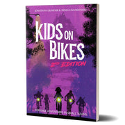 Kids on Bikes: Second Edition Core Rulebook - Purple book cover featuring silhouettes of four kids on bikes with glowing headlights, title "Kids on Bikes 2nd Edition" in.