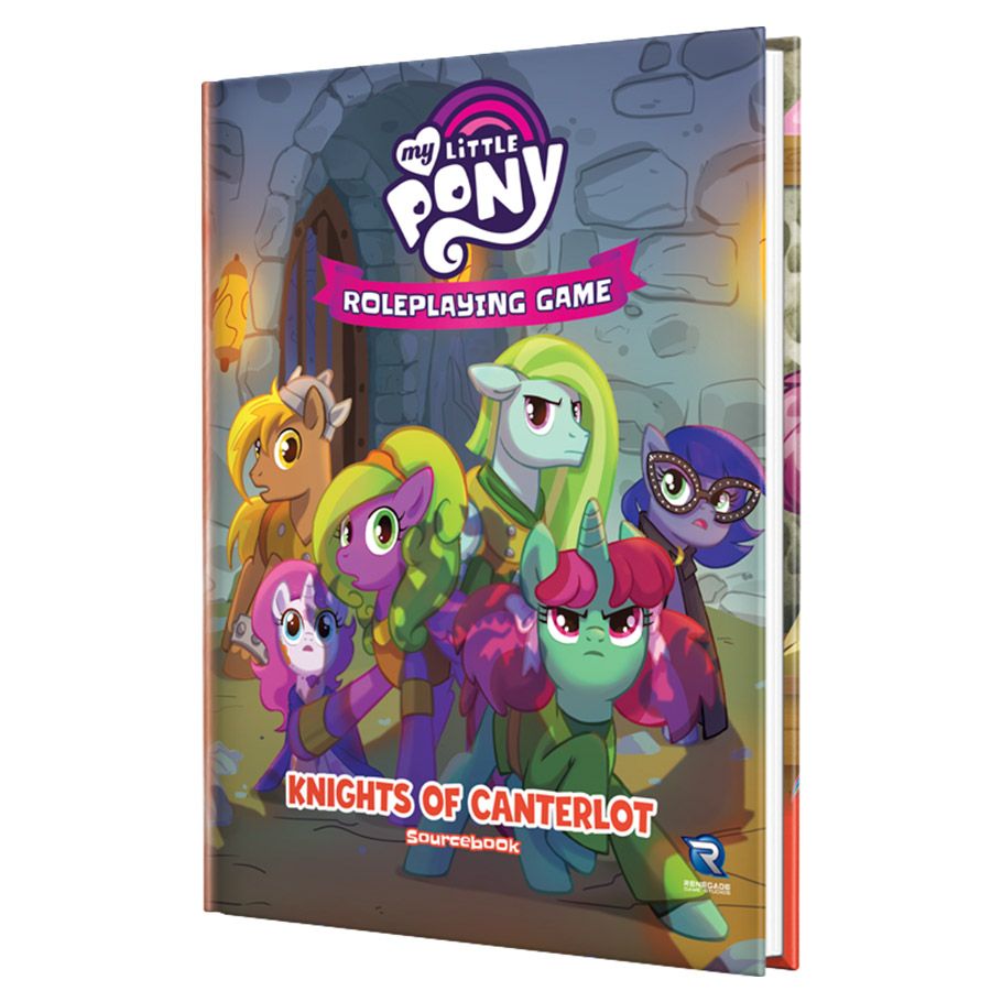 My Little Pony Roleplaying Game: Knights of Canterlot Sourcebook - Colorful hardcover book featuring six cartoon ponies in medieval armor on the cover, with a castle backdrop and bold white.