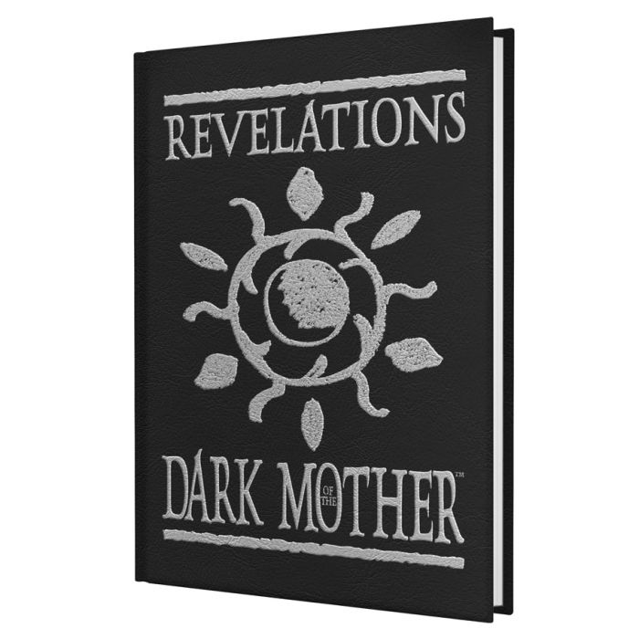 Vampire: The Masquerade: 5th Edition: Revelations of the Dark Mother Accessory - Black hardcover book with silver gothic text "Revelations Dark Mother" and a circular sun and leaf emblem on the cover.