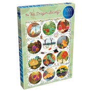 Tea Dragon Circles 1000 Piece Puzzle - Boxed 1000-piece puzzle featuring colorful circular illustrations of dragons and tea-themed scenes on a cream background.