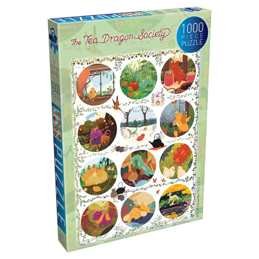 Tea Dragon Circles 1000 Piece Puzzle - Boxed 1000-piece puzzle featuring colorful circular illustrations of dragons and tea-themed scenes on a cream background.